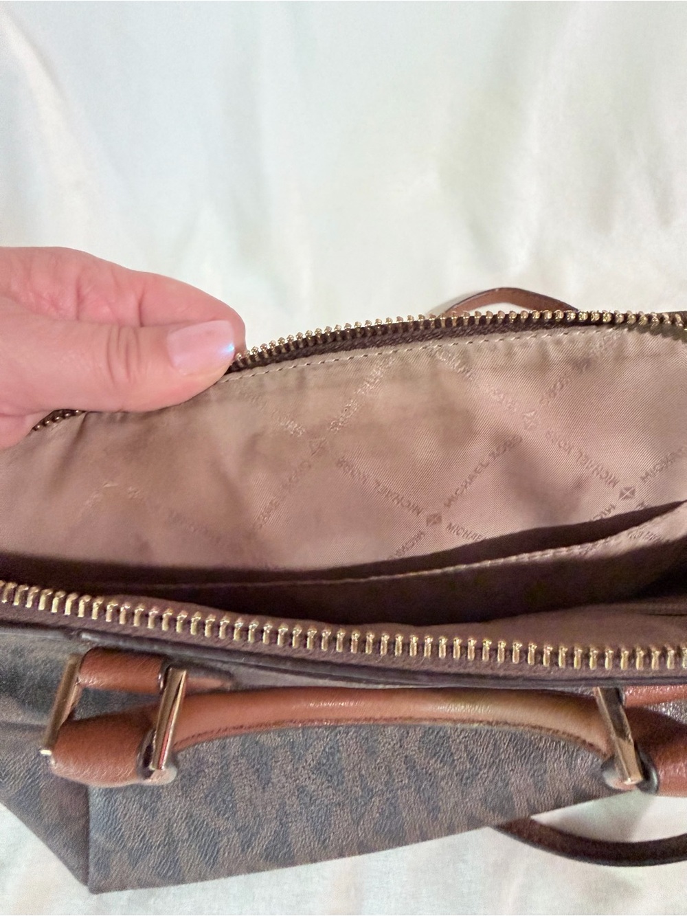 Michael Kors Brown Logo Dome Satchel with Tan Trim - Picture 6 of 14